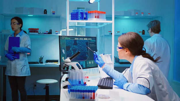 woman-biochemist-checking-manifestations-virus-working-computer-equipped-lab-late-night_482257-489